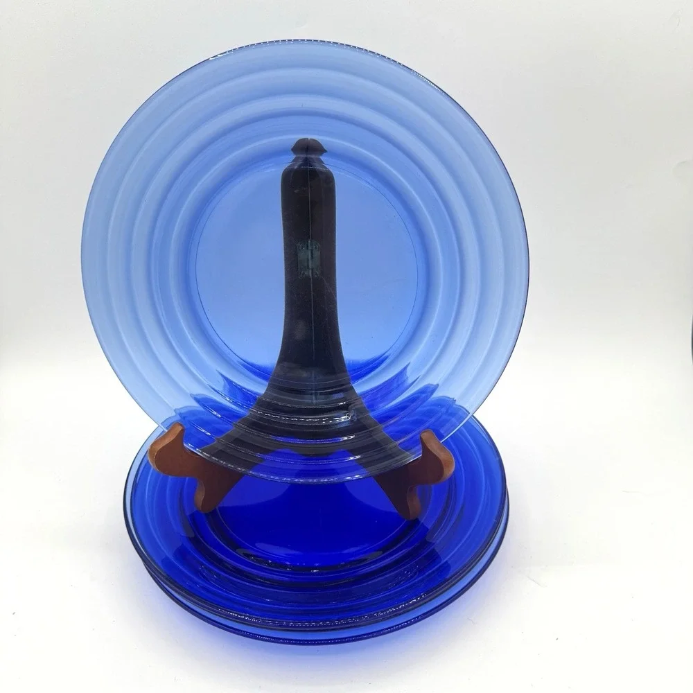 4 Vintage Hazel Atlas Moderntone Cobalt Blue Dinner‎ Plates Art Deco 1930s Glass